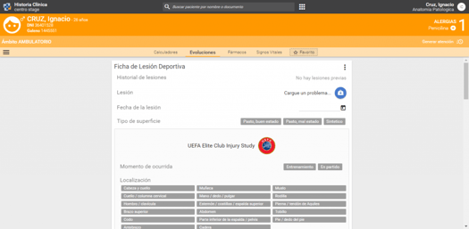 Un ejemplo de carga de una Ficha de Lesión Deportiva en Omnia Salud
